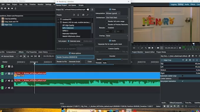 render a part of a video or audio in Kdenlive